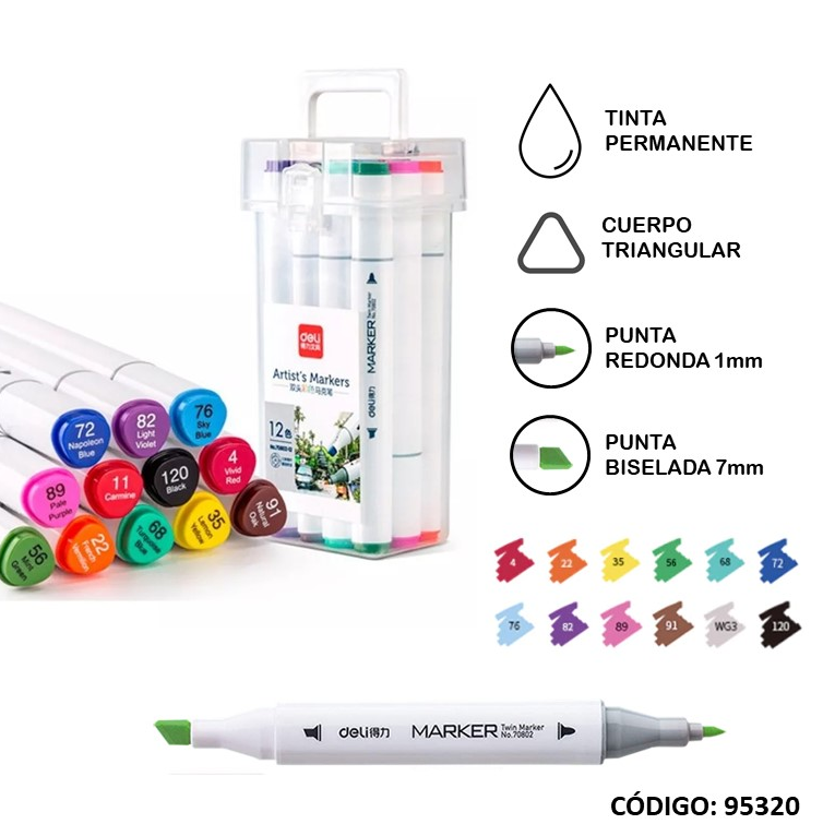 MARCADOR DELI SKETCH DOBLE PUNTA BOX X12 COLORES (L95320)