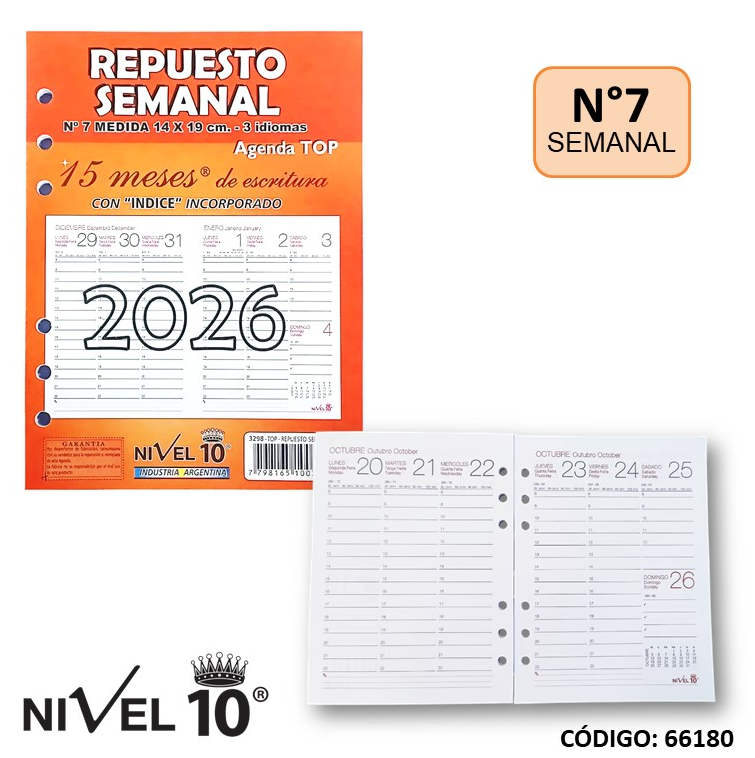 REPUESTO AGENDA 2026  NIVEL 10 N7 TOP SEMANAL (L66180)