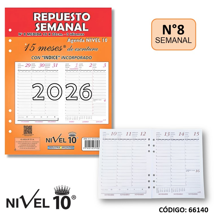 AGENDA 2026 REPUESTO  NIVEL 10 N8 SEMANAL (L66140)