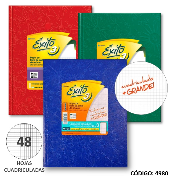 CUADERNO 3 EXITO TAPA DURA CUADRICULADO  x 48h  (L4980)