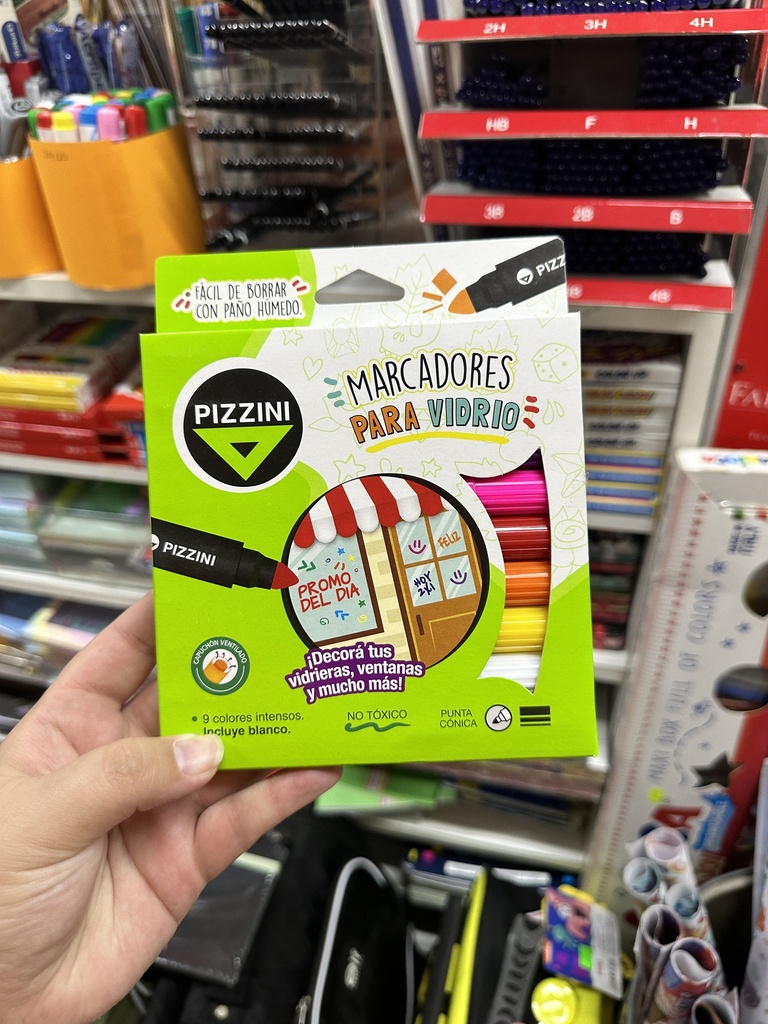 MARCADOR PIZZINI PARA VIDRIO PUNTA CONICA x 9 COLORES (L34000)