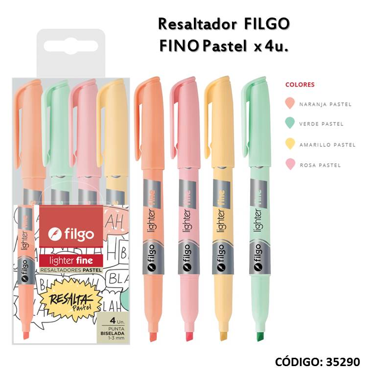 RESALTADOR FILGO FINO PASTEL X4 COLORES (L35290)
