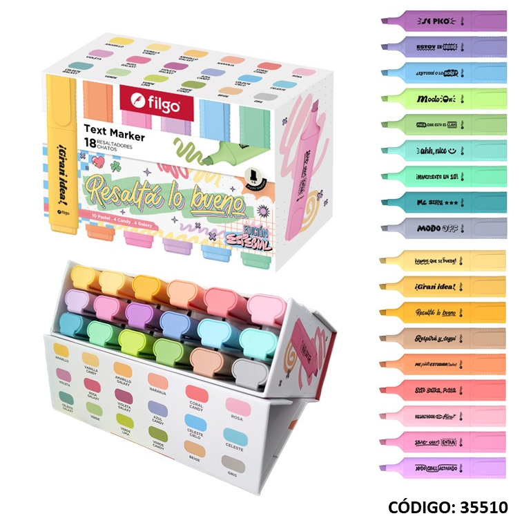 RESALTADOR FILGO CHATO CON FRASES X18 COLORES (L35510)