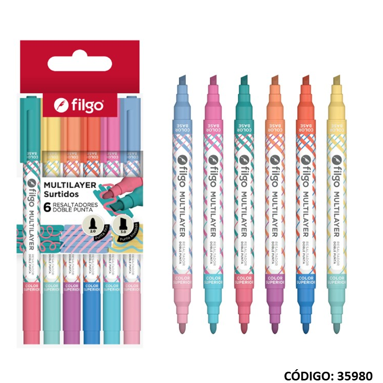 RESALTADOR FILGO 2 PUNTAS MULTILAYER  SURTIDO X6 COLORES (L35980)