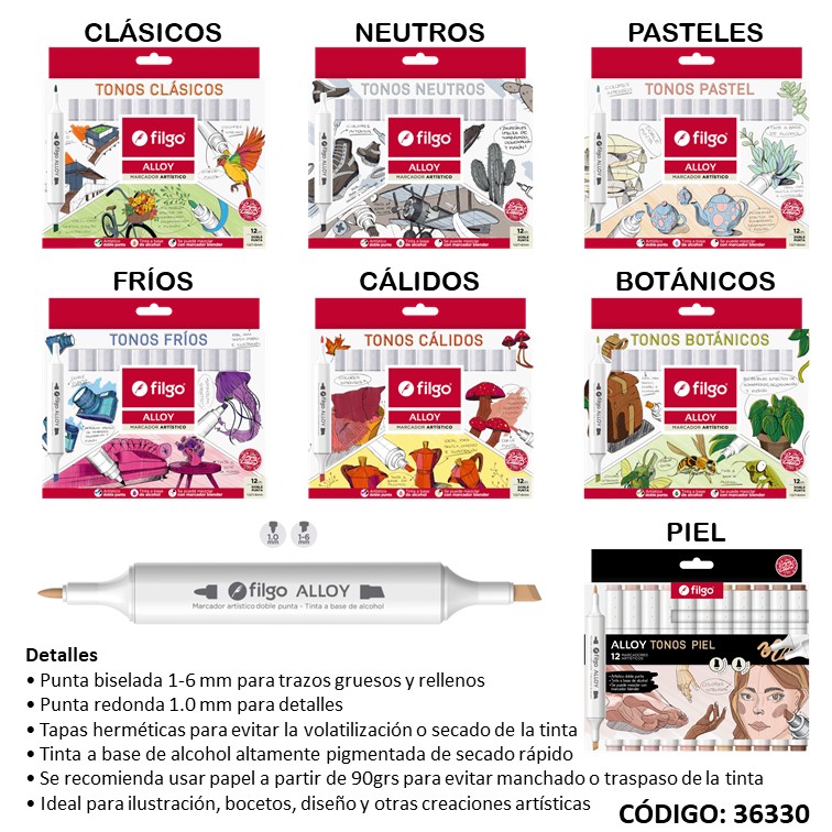 MARCADOR FILGO ALLOY DOBLE PUNTA X12 COLORES (L36330)