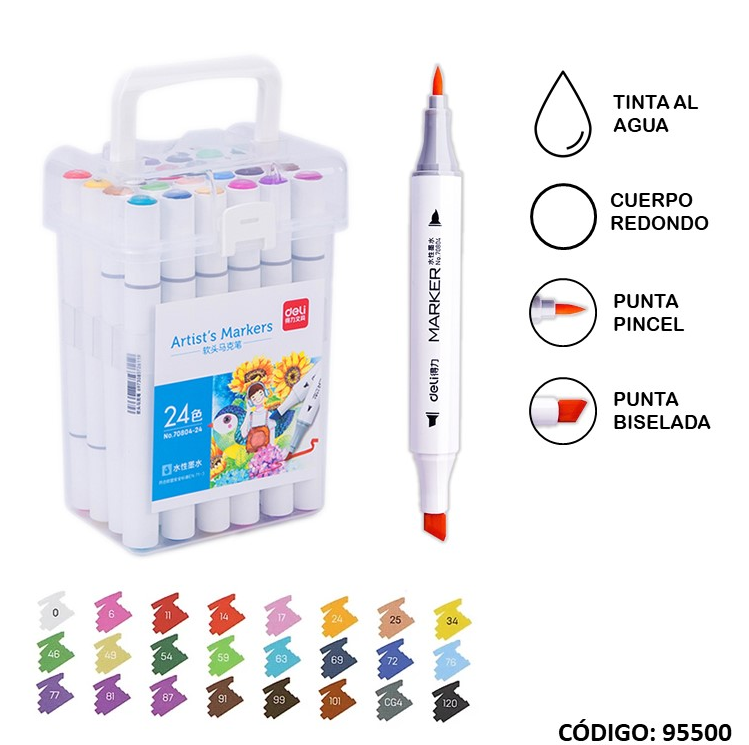 MARCADOR DELI 2 PUNTAS AL AGUA X24 COLORES (L95500)