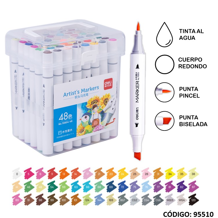 MARCADOR DELI 2 PUNTAS AL AGUA X48 COLORES (L95510)