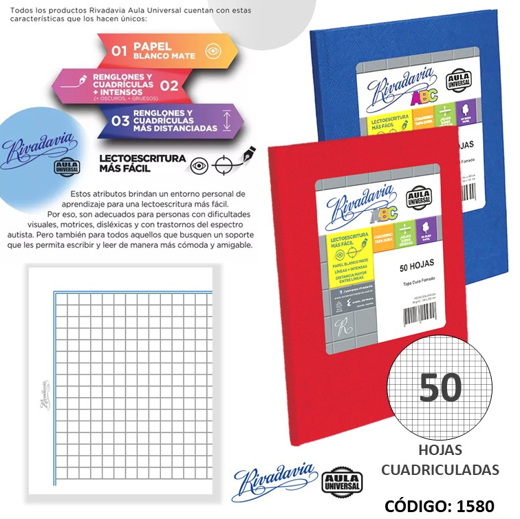 CUADERNO ABC RIVADAVIA TAPA DURA AULA UNIVERSAL CUADRICULADO x 50hjs. (L15800)