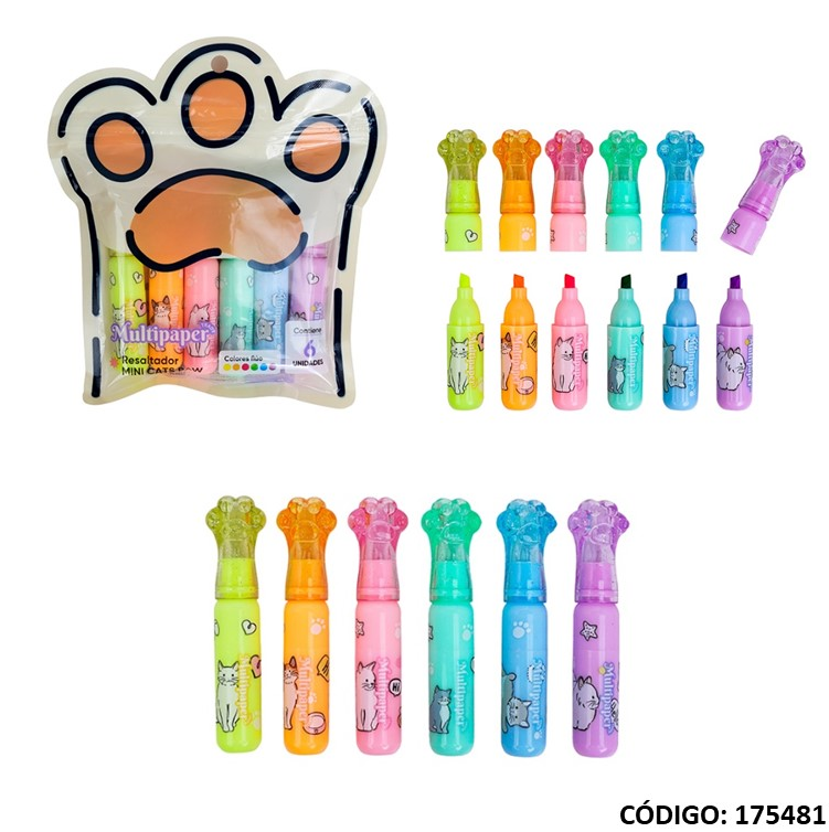 RESALTADOR MULTIPAPER MINI CATS PAW FLUO  X6 COLORES (L175481)