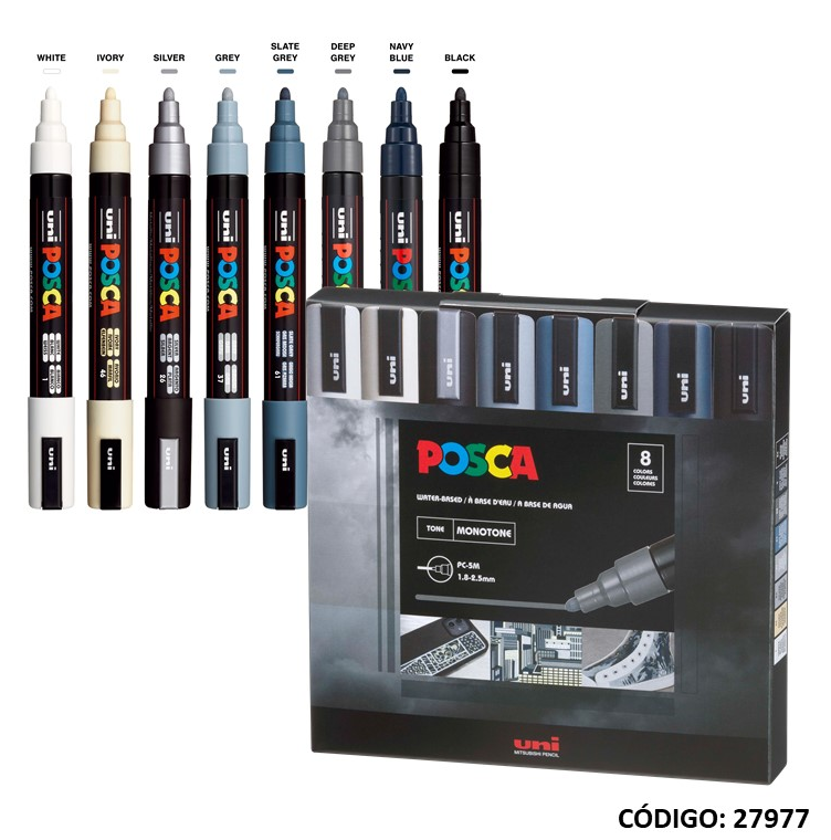 MARCADOR UNI POSCA 5M X8 COLORES GRISES (L27977)