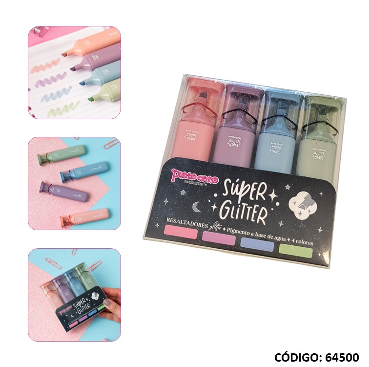 RESALTADOR PUNTO CERO SUPER GLITTER X4 COLORES (L64500)