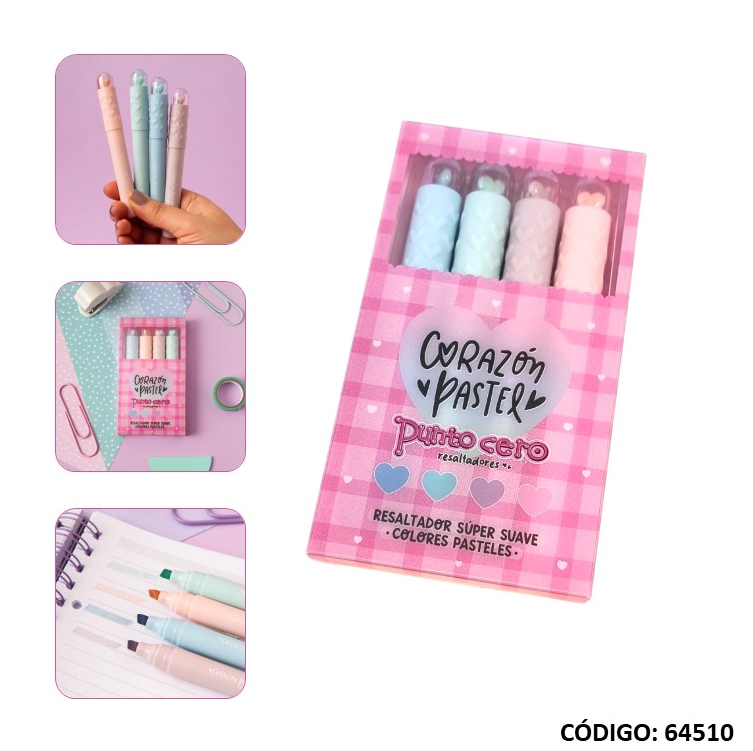 RESALTADOR PUNTO CERO CORAZON PASTEL X4 COLORES (L64510)