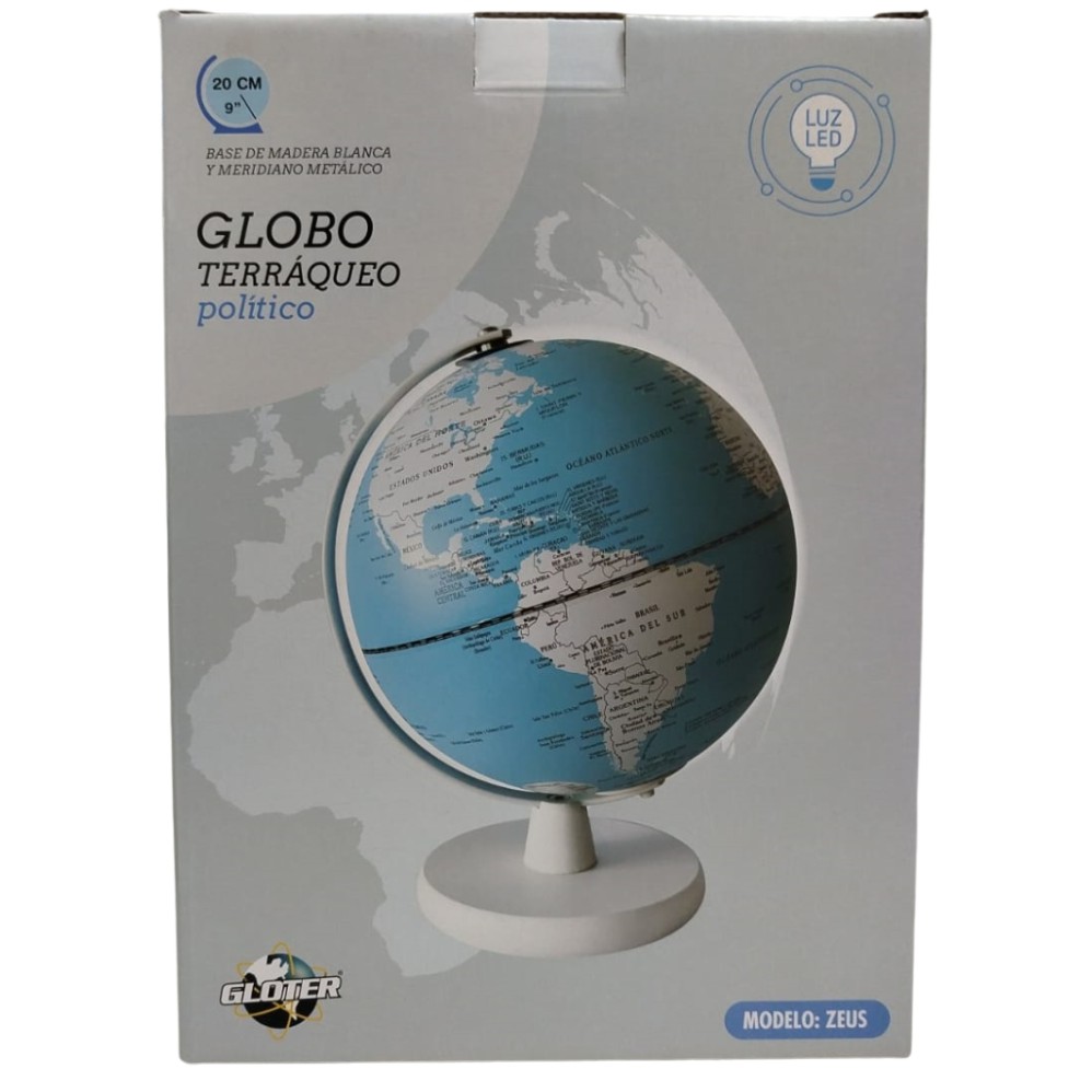 GLOBO TERRAQUEO 20cm. ZEUS CON LUZ BASE MADERA BLANCA (L33119)