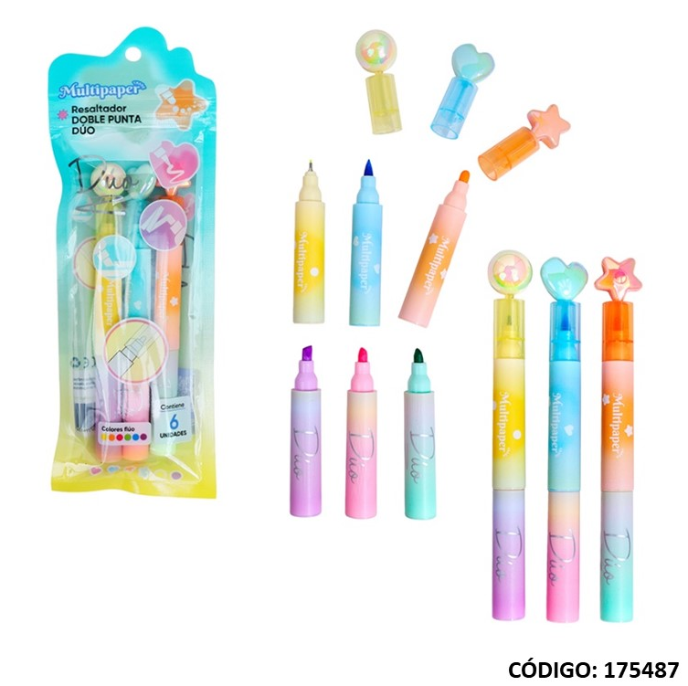 RESALTADOR MULTIPAPER DOBLE PUNTA DUO X6 COLORES (L175487)
